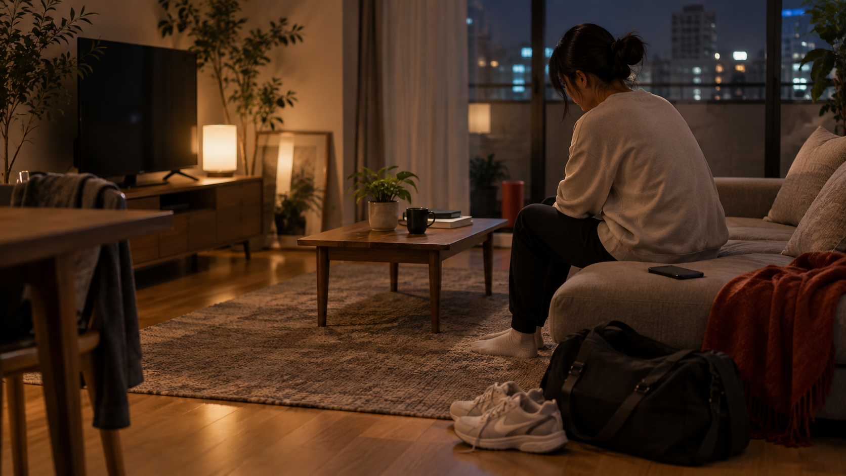 運動へ行こうと思いながら、夜のリビングで立ち止まっている様子