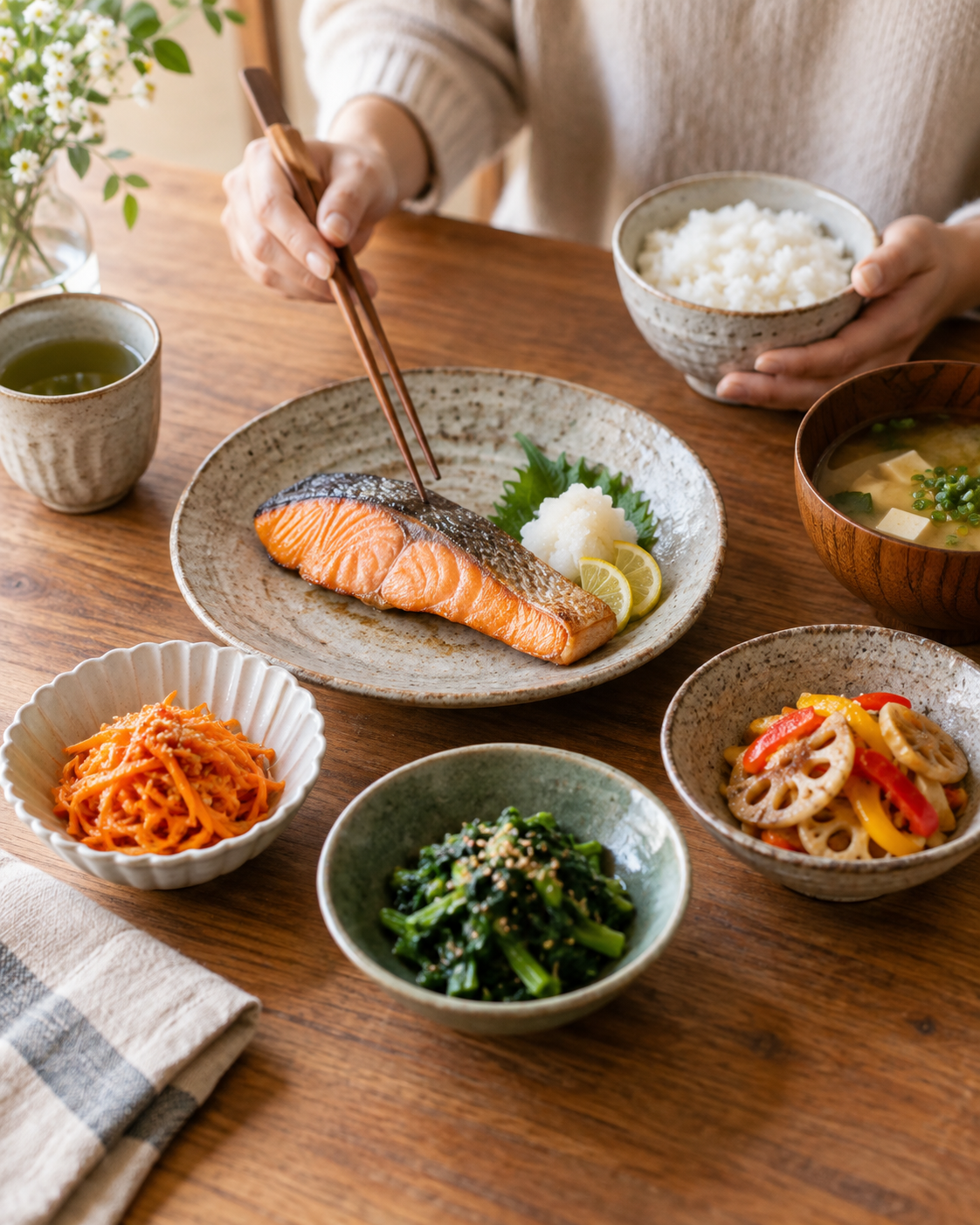 野菜の副菜が並ぶ食卓